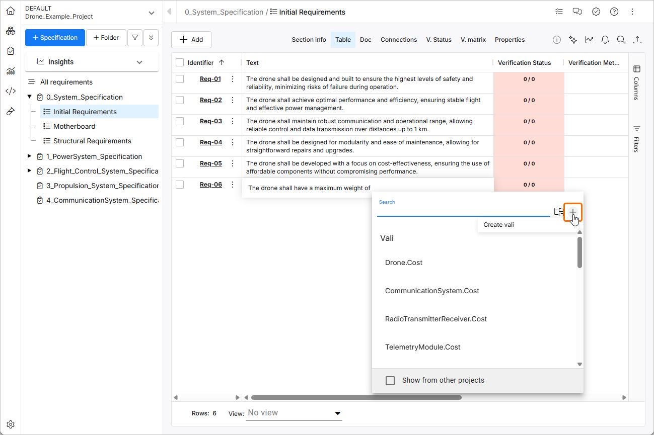 Vali の作成 - 要件テキスト上での Vali 作成は非常に簡単で、ドル記号 $ を入力して + アイコンを選択するだけです。