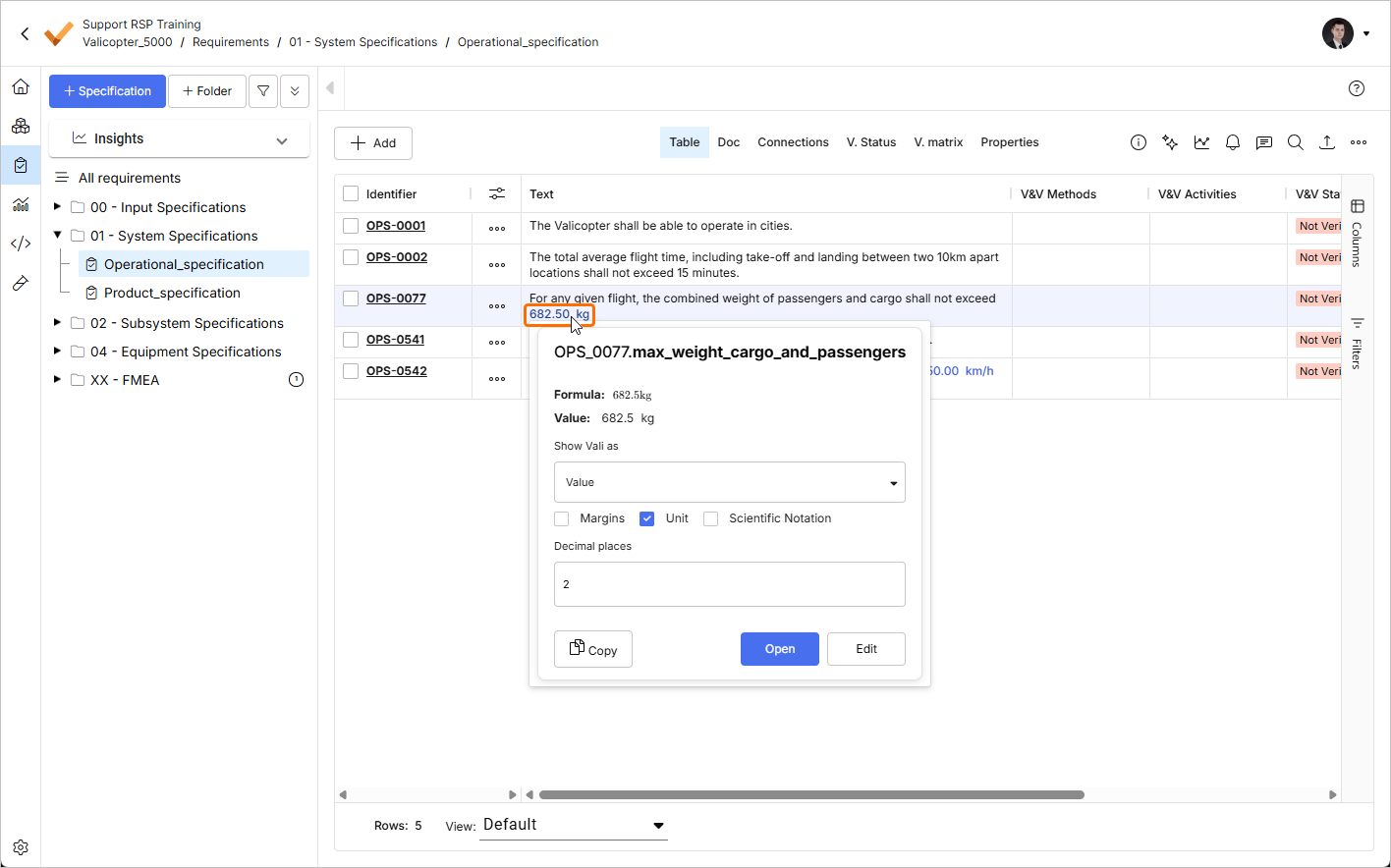 Vali in Requirement - After selecting a pre-existing Vali from the dropdown (after typing the dollar sign $) you can visualize more information on that parameter by hovering over it.