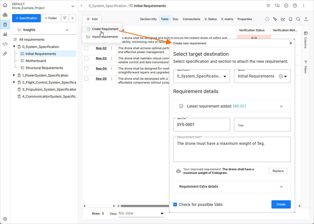 要件の追加 - Requirements &amp; Systems Portal で要件を手動作成する方法。