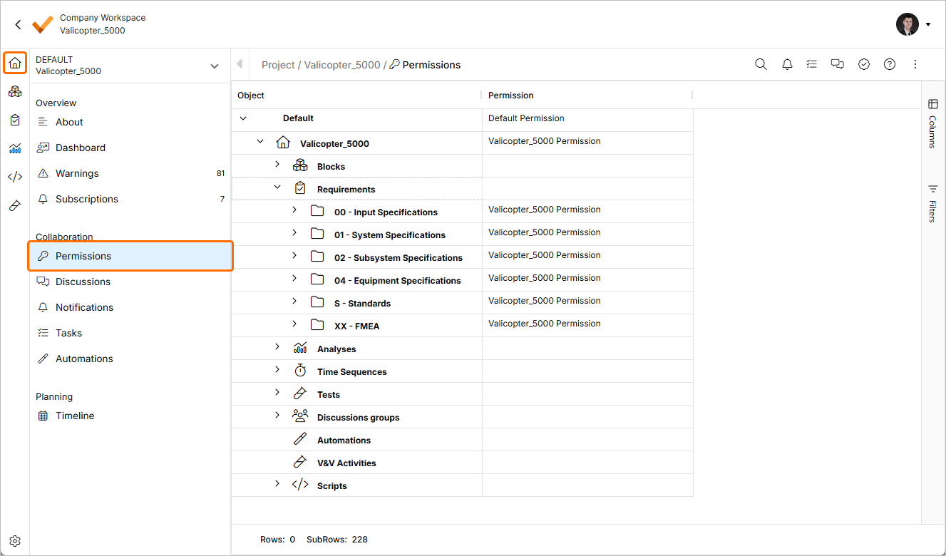権限ページ - プロジェクト内のすべてのオブジェクトの権限を変更するためのインターフェース