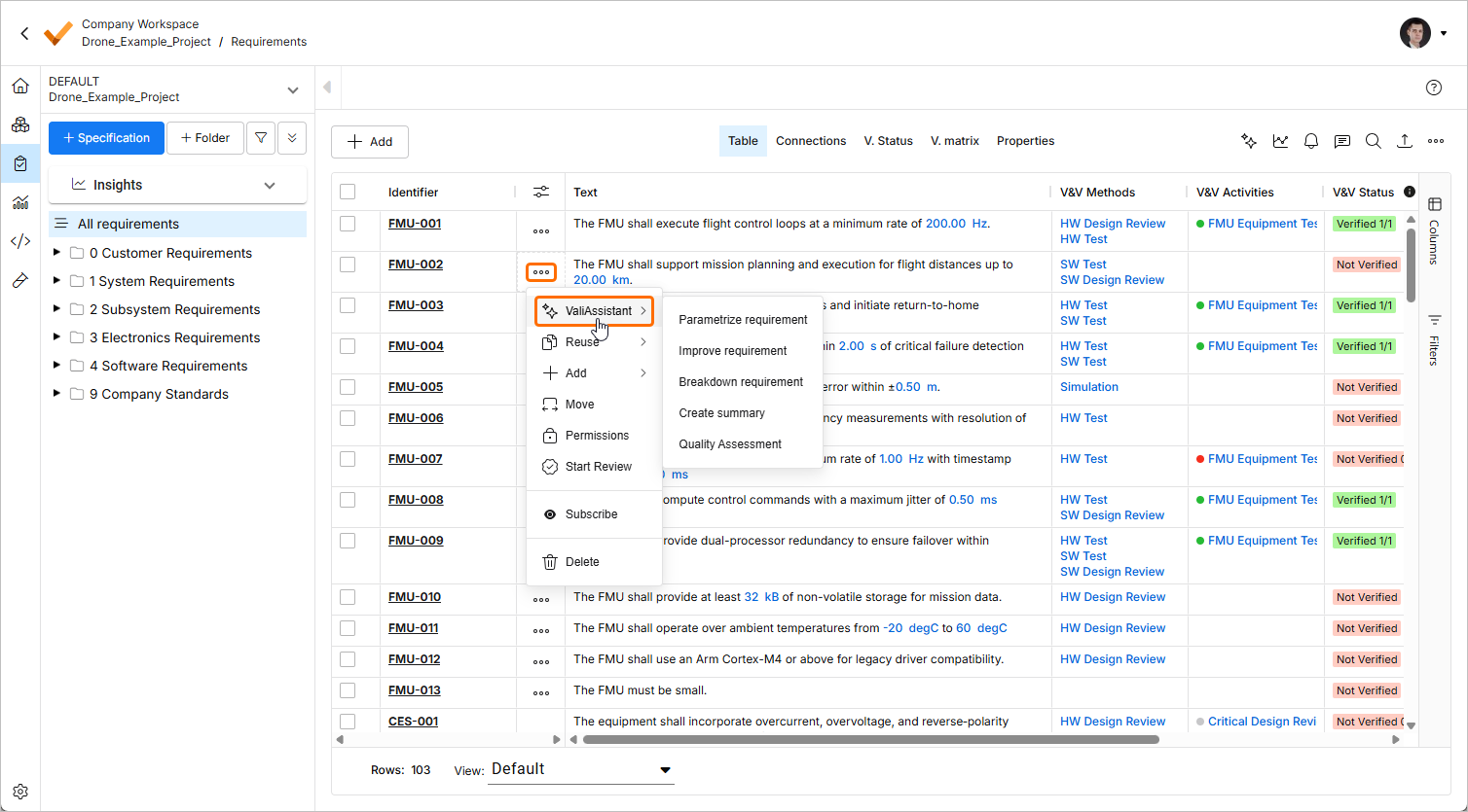 Ubicación 2: botón de acción rápida de ValiAssistant en la columna Acciones de cualquier requisito de la tabla de requisitos - Menú desplegable de acceso directo a las opciones de ValiAssistant Ubicación 2: botón de acción rápida de ValiAssistant en la columna Acciones de cualquier requisito de la tabla de requisitos - Menú desplegable de acceso directo a las opciones de ValiAssistant