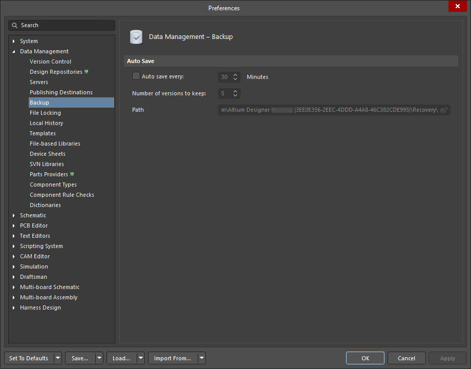 The Data Management – Backup page of the Preferences dialog