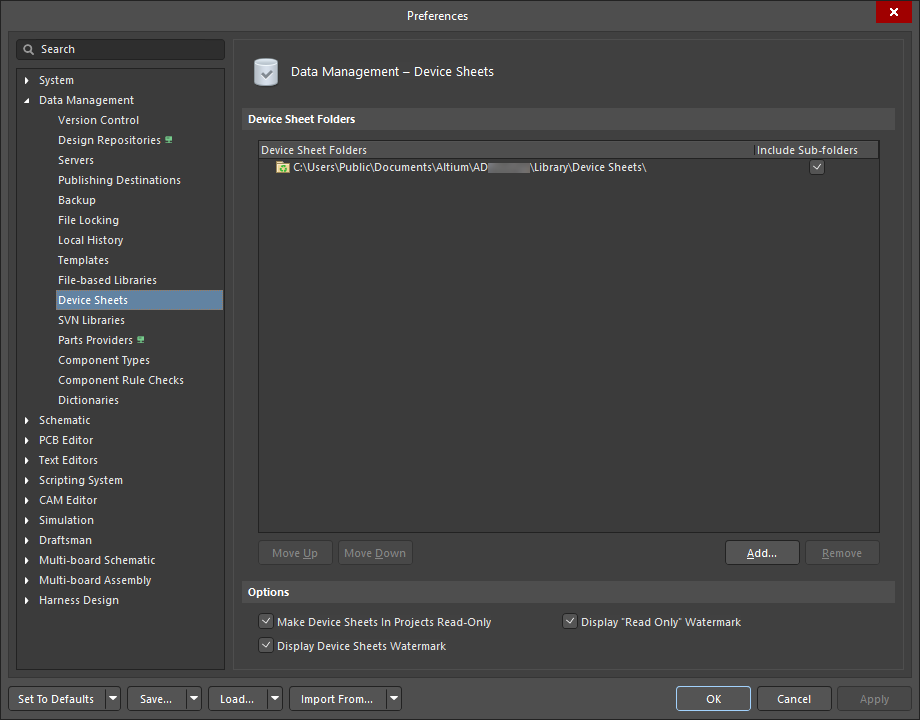 The Data Management – Device Sheets page of the Preferences dialog