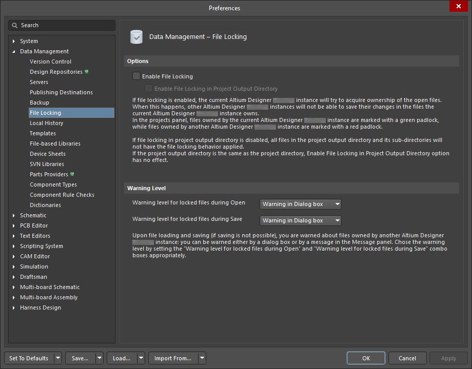 The Data Management – File Locking page of the Preferences dialog