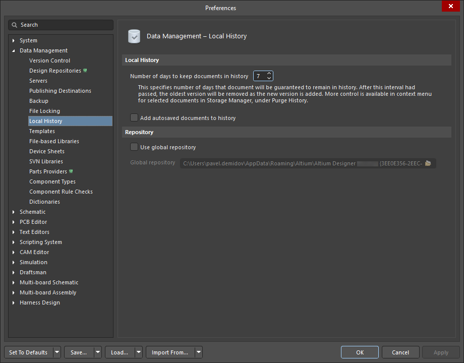 The Data Management – Local History page of the Preferences dialog