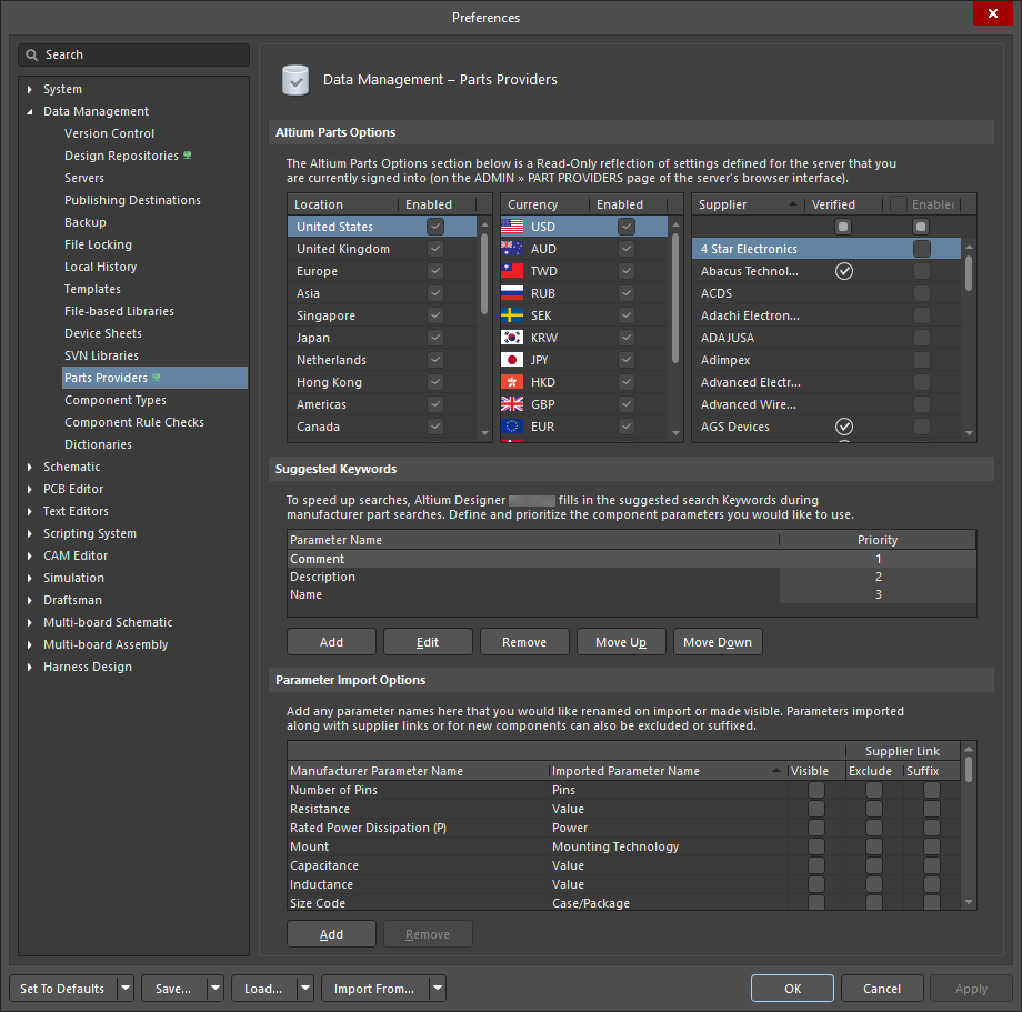 The Data Management – Parts Providers page of the Preferences dialog when connected to a Workspace. Hover over the image to view the page when not connected to a Workspace.