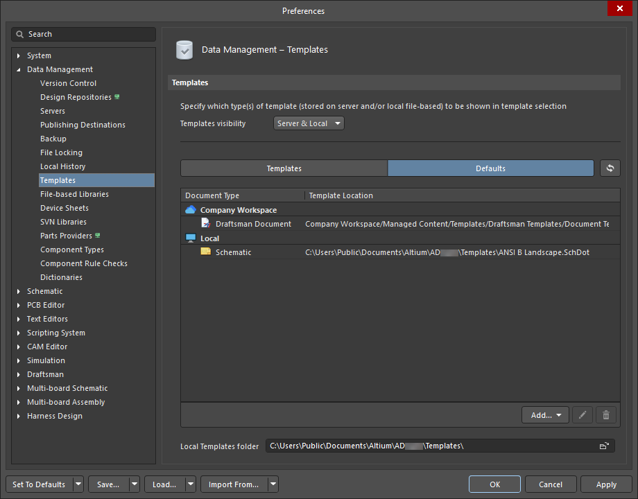 The Data Management – Templates page of the Preferences dialog (the Defaults tab)