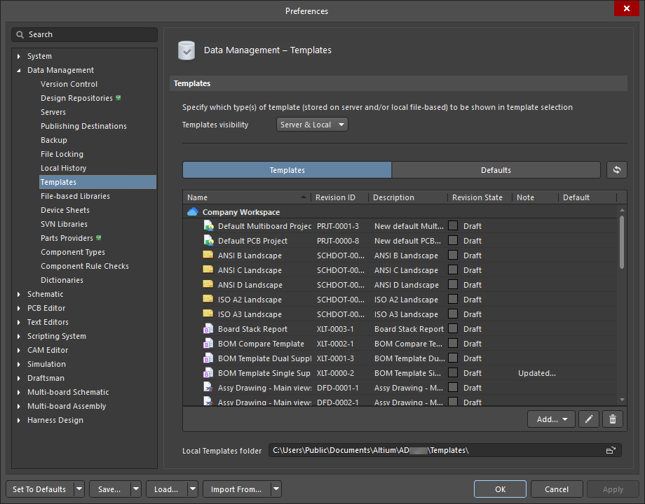 The Data Management – Templates page of the Preferences dialog (the Templates tab)