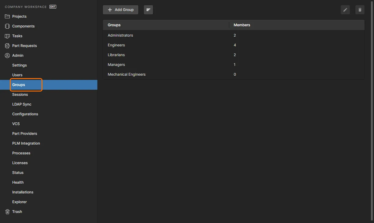 Access and manage the groups of your Enterprise Server from the Groups page of the interface. Access and manage the groups of your Enterprise Server from the Groups page of the interface.