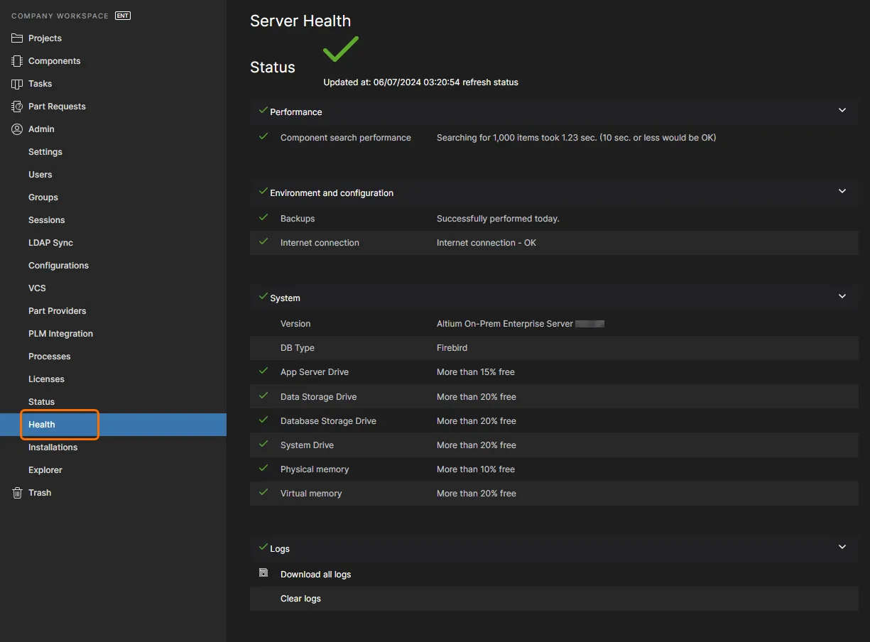 The Health page provides an instant view of the status and health of your Enterprise Server installation and the system on which it is installed. The Health page provides an instant view of the status and health of your Enterprise Server installation and the system on which it is installed.