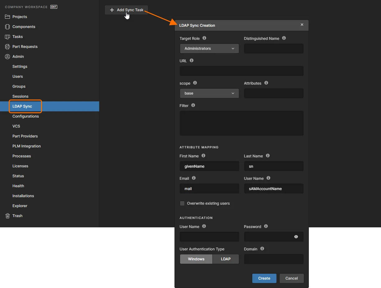 Adding an LDAP Sync task through the Enterprise Server's browser interface. Adding an LDAP Sync task through the Enterprise Server's browser interface.