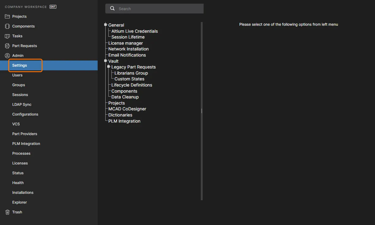 The Settings area – part of the admin-only pages within the Enterprise Server's browser interface. The Settings area – part of the admin-only pages within the Enterprise Server's browser interface.
