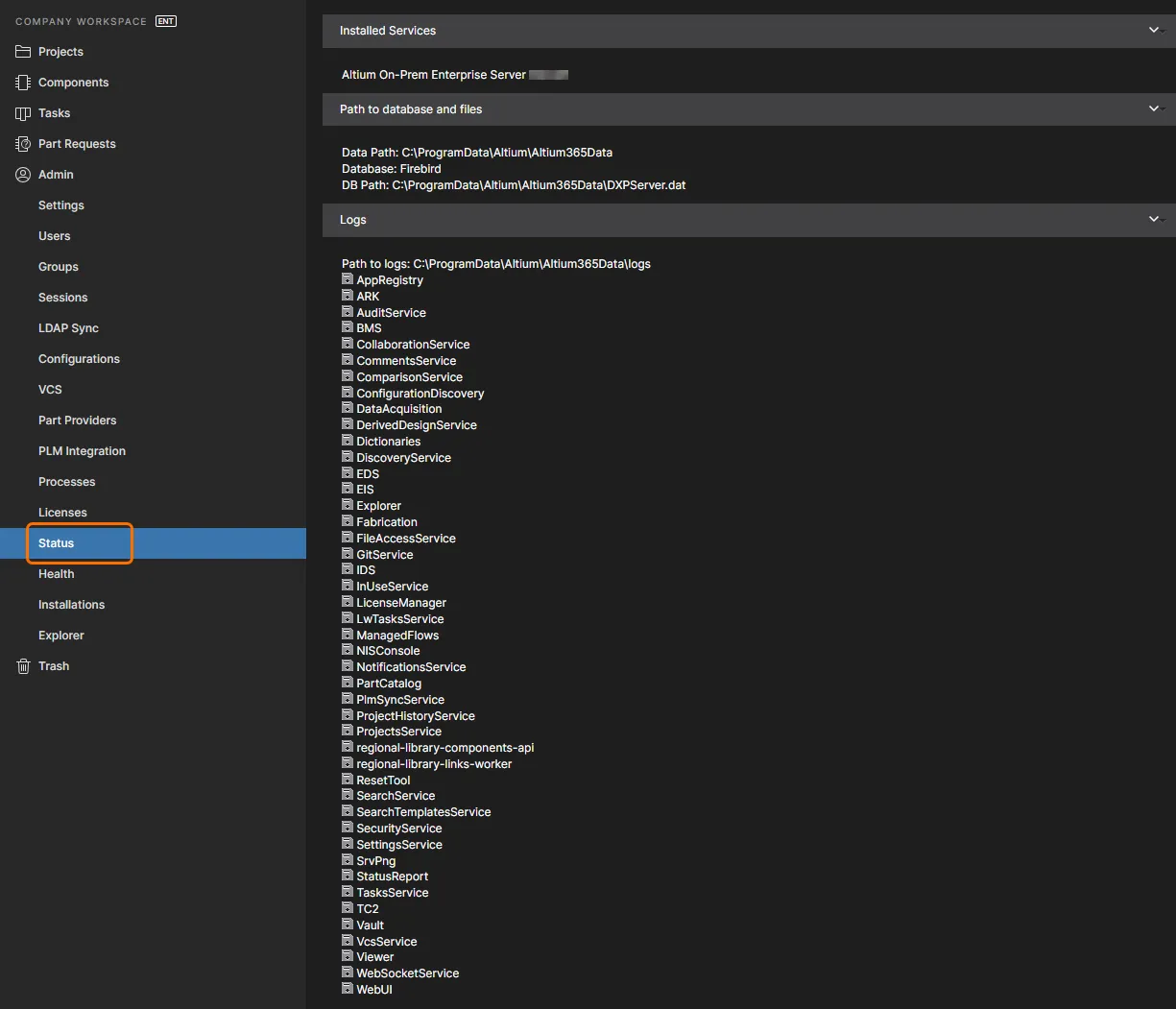 The Status page provides installation details, as well as log files for the various services. The Status page provides installation details, as well as log files for the various services.