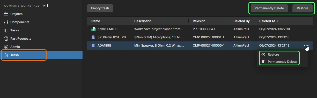 Select an item, then decide whether to fully restore it for use again or to permanently delete it (a 'hard delete' if you will). Select an item, then decide whether to fully restore it for use again or to permanently delete it (a 'hard delete' if you will).