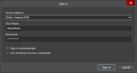 Signing in to server impala in Altium Designer.