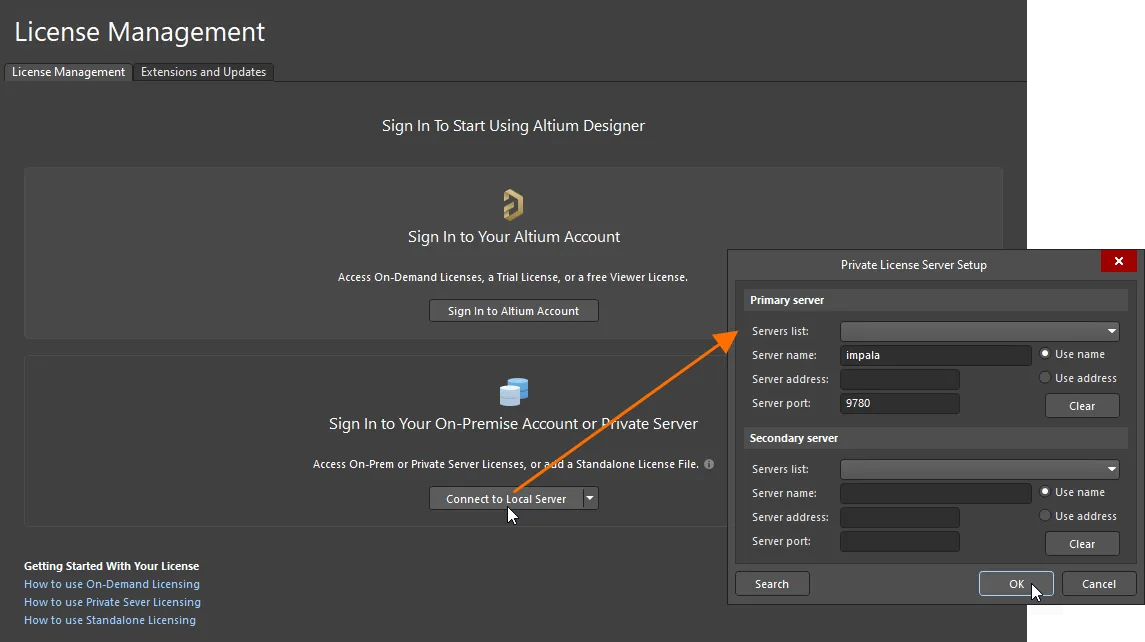 Note that only the Server name and port entries are required when using Altium Designer's internal setup to access PLS licenses. The behavior is different when connecting to the legacy PLS 1.0.