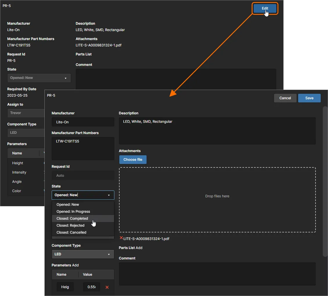 Accessing the form with which to edit an existing part request.