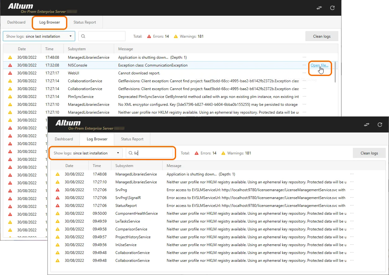 The Log Browser interface allows you to zero in on events of interest using a selectable time period and keyword filtering.