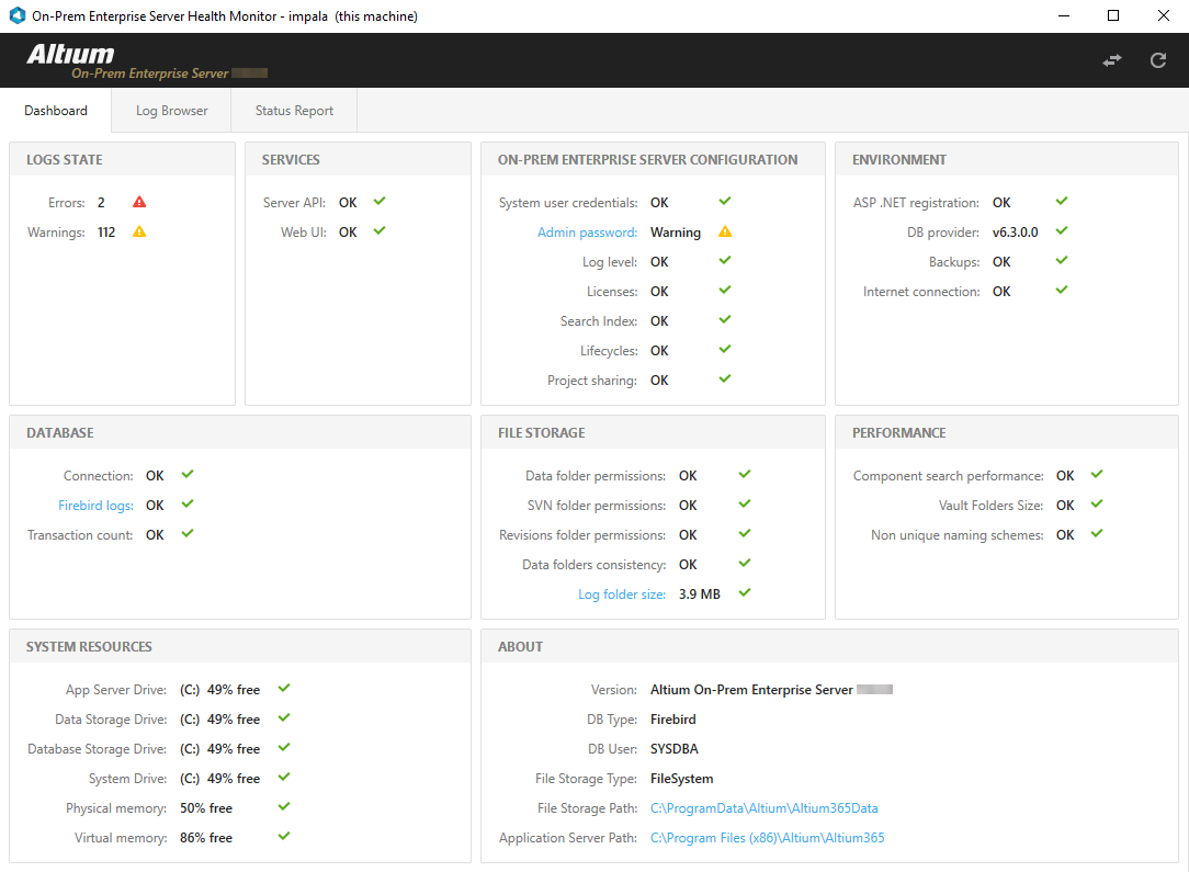 The Health Monitor Dashboard GUI provides an instant view of the Enterprise Server's status and that of its support infrastructure, plus links to more information.