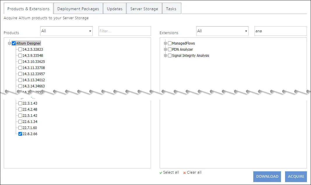 The Products & Extensions tab of the NIS interface is where you choose the product, and relevant extensions, that you wish to acquire (or download). Here, an example product is selected ready for acquisition. Notice also that you can use the filtering fields to quickly find what you need (as shown here in the Extensions region). The Products & Extensions tab of the NIS interface is where you choose the product, and relevant extensions, that you wish to acquire (or download). Here, an example product is selected ready for acquisition. Notice also that you can use the filtering fields to quickly find what you need (as shown here in the Extensions region).