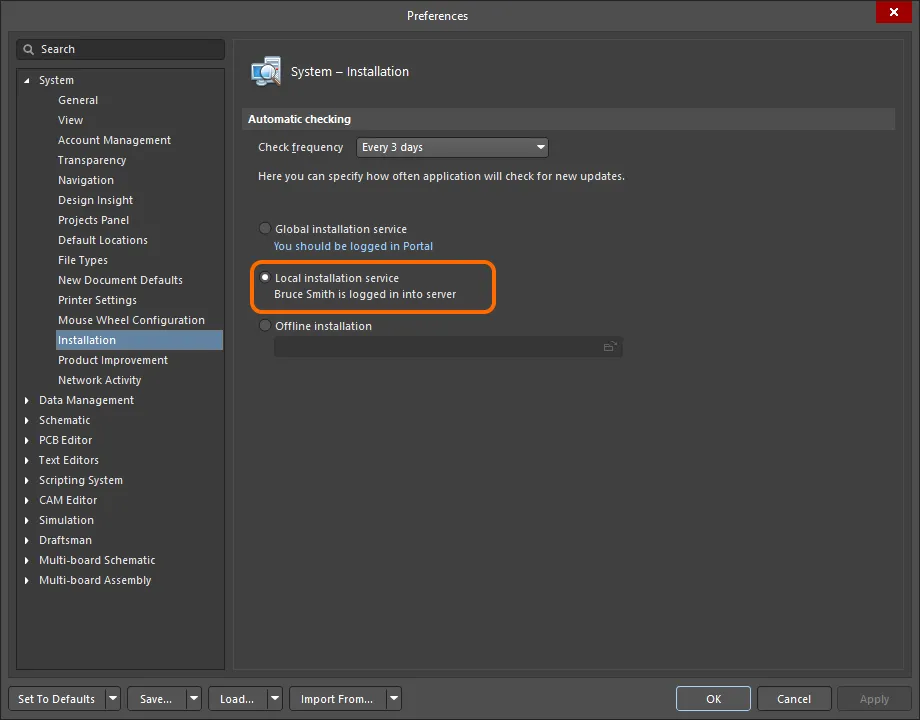 By default, the installation of Altium Designer will look to the local installation service for updates – i.e. the local Enterprise Server in which the acquired products and extensions reside. You must ensure that you are signed into this Enterprise Server. By default, the installation of Altium Designer will look to the local installation service for updates – i.e. the local Enterprise Server in which the acquired products and extensions reside. You must ensure that you are signed into this Enterprise Server.