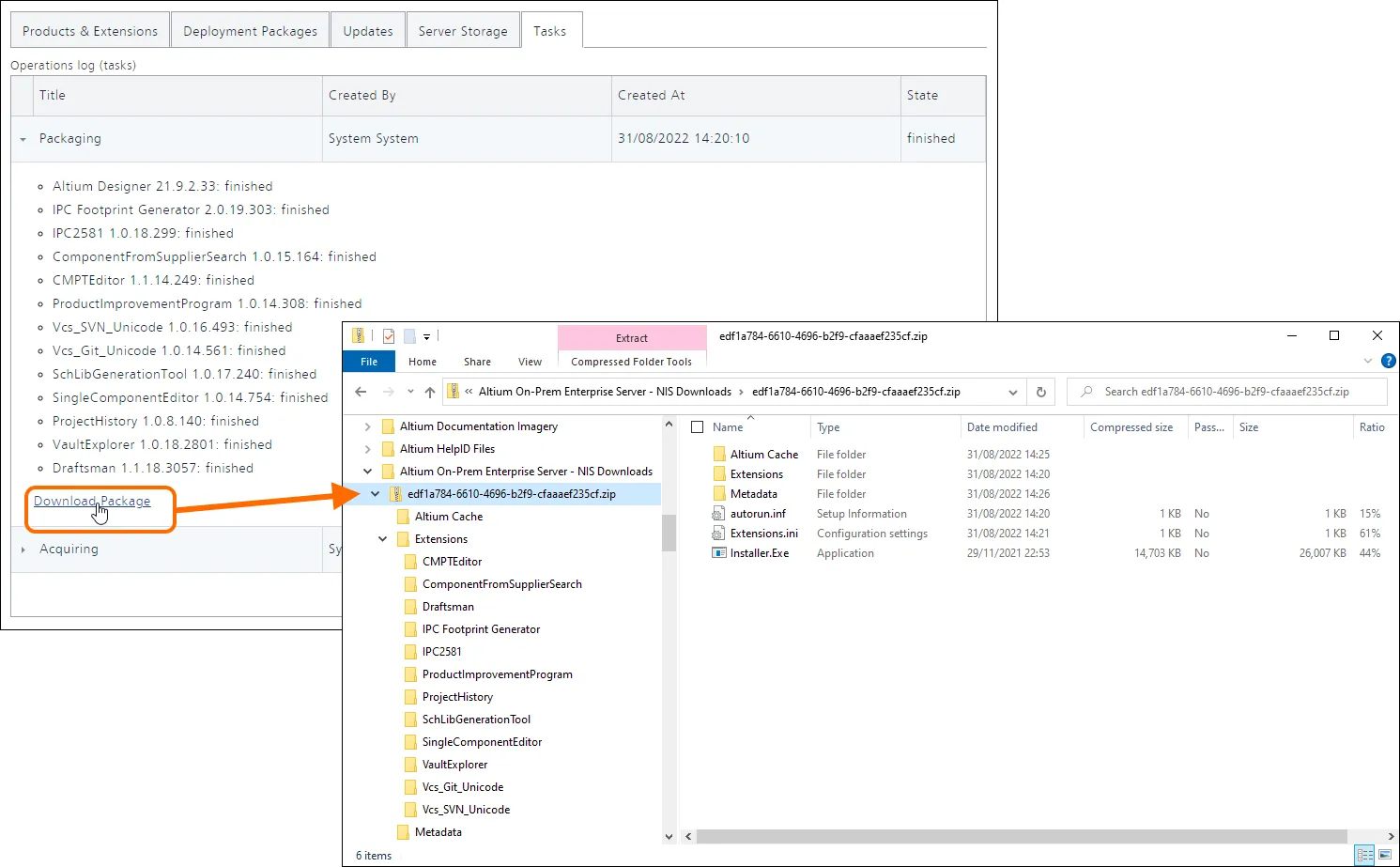 An example of an installation package that has been prepared (having used the Download button on the Products & Extensions tab) and then subsequently downloaded to the local hard drive. An example of an installation package that has been prepared (having used the Download button on the Products & Extensions tab) and then subsequently downloaded to the local hard drive.