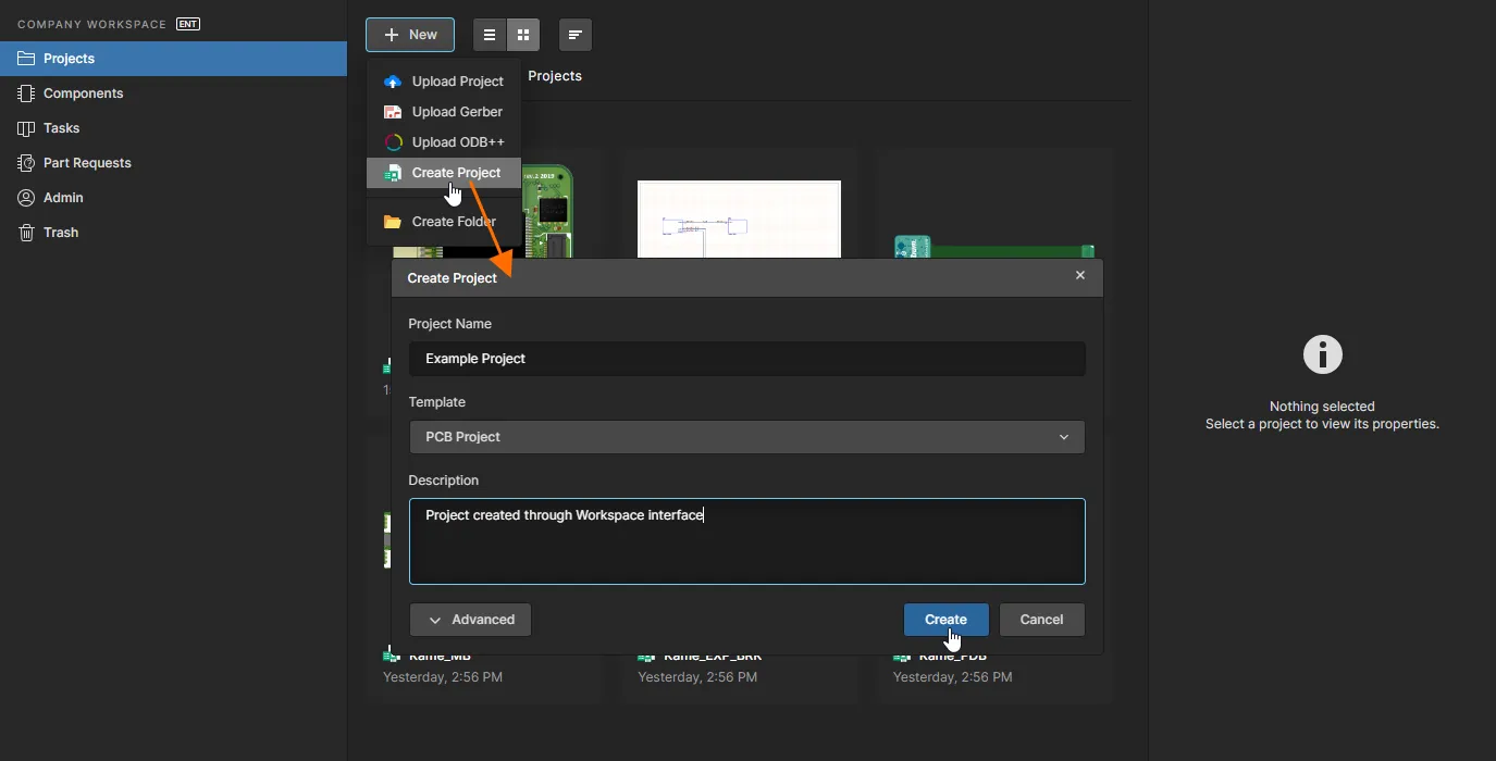 Defining a new Workspace project directly through the Workspace's browser interface. Defining a new Workspace project directly through the Workspace's browser interface.