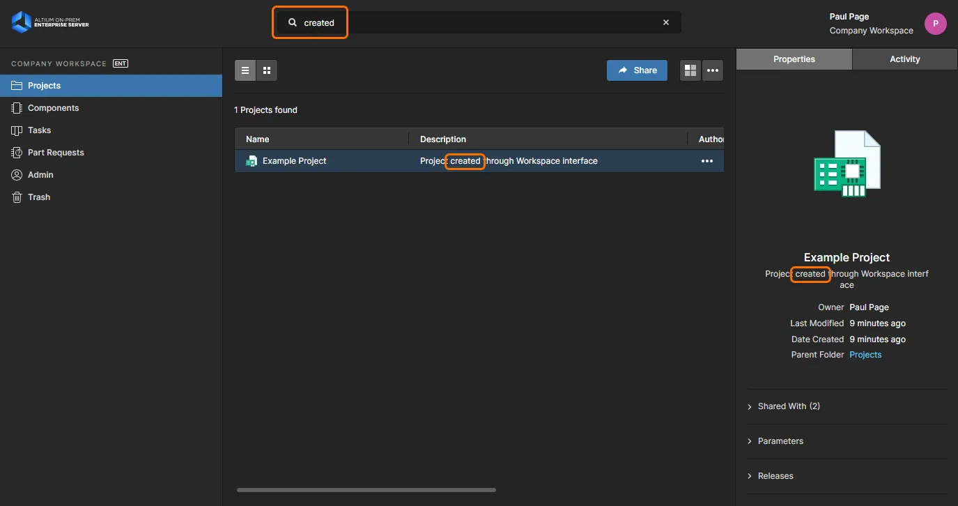 Example use of the search feature, in this case finding a project based on its Description. Example use of the search feature, in this case finding a project based on its Description.