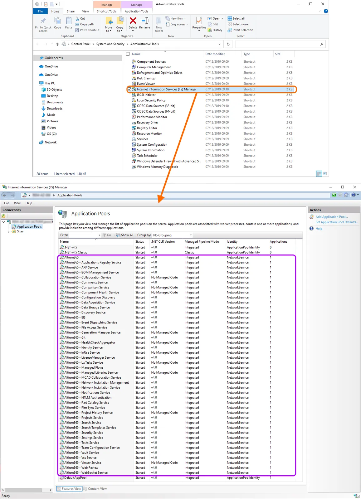Enterprise Server-related application pools running on the IIS server. Enterprise Server-related application pools running on the IIS server.