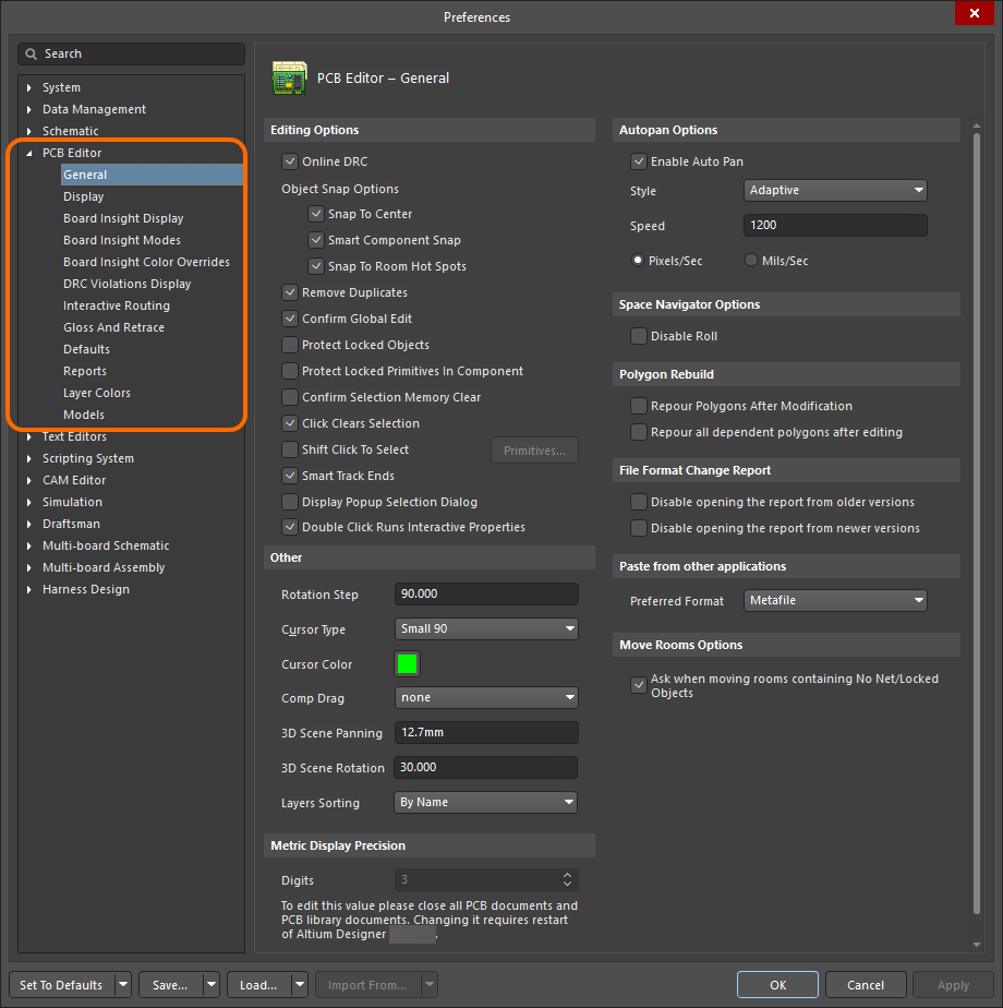 Use the PCB Editor category of Altium Designer's Preferences to set up the PCB editor.