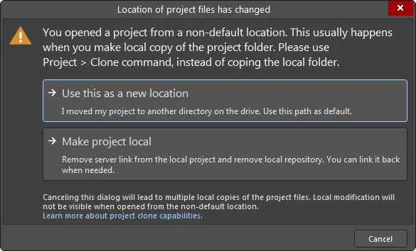 Options to get you back into sync if you have manually changed the location of your local working copy of a project. Options to get you back into sync if you have manually changed the location of your local working copy of a project.
