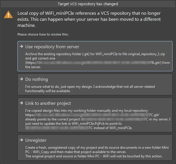 Options to get you back on track if the repository targeted by the local working copy of your design project has changed. Options to get you back on track if the repository targeted by the local working copy of your design project has changed.