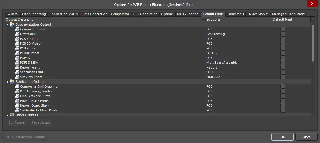 The Default Prints tab of the Project Options dialog The Default Prints tab of the Project Options dialog