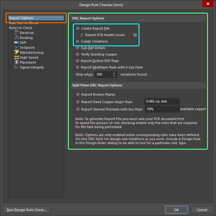Accessing options applicable to running a Batch DRC and generating a DRC report.