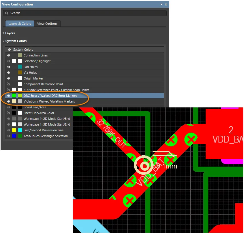 Specify different coloring for the two violation display types, and enable/disable their display as required.