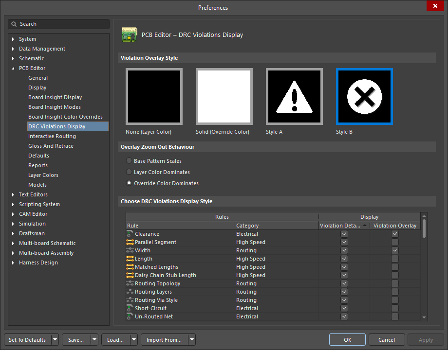 Choose how you want DRC violations to be displayed in the design space - using custom graphics and/or a defined violation overlay. Choose how you want DRC violations to be displayed in the design space - using custom graphics and/or a defined violation overlay.