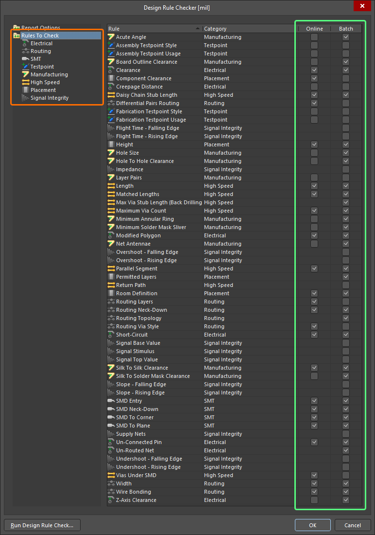The Design Rule Checker dialog showing defaults with certain Online DRC checks disabled to improve PCB Editor performance. Use the associated options to include a design rule type for checking as part of Online DRC and/or Batch DRC.