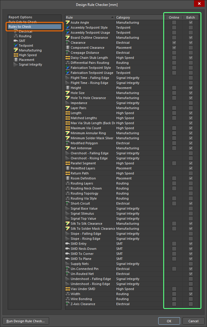 The Design Rule Checker dialog showing defaults with certain Online DRC checks disabled to improve PCB Editor performance. Use the associated options to include a design rule type for checking as part of Online DRC and/or Batch DRC.