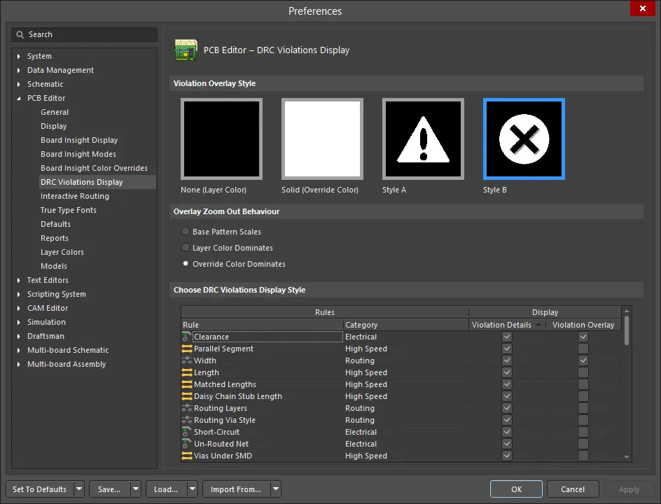 Configure how DRC violations are displayed in the design space - using custom graphics and/or a defined violation overlay - as part of your software preferences.