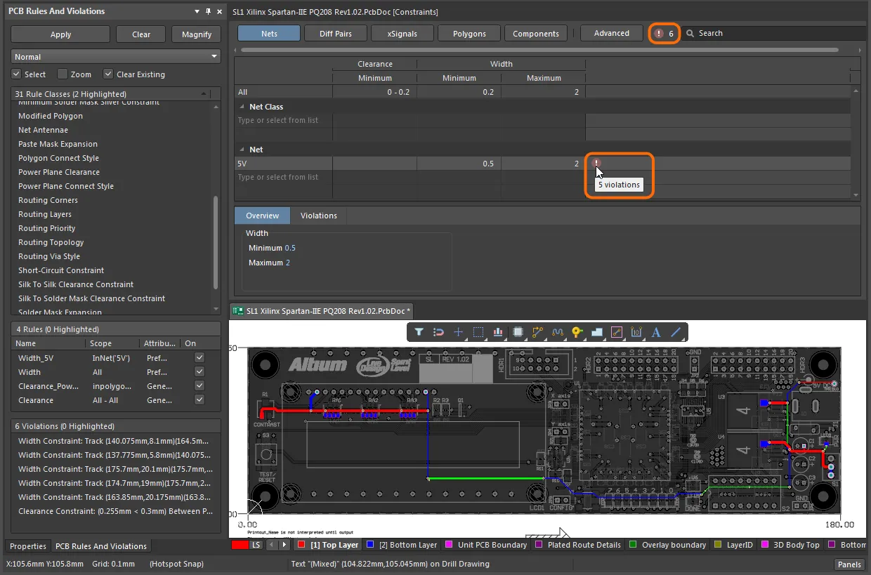 The Constraints Editor provides feedback on the rules under violation.