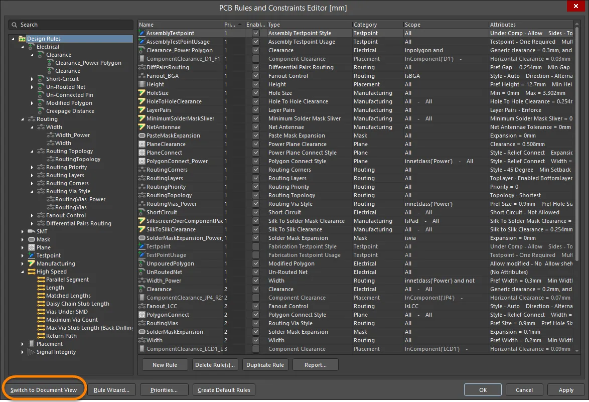 Switching to the Constraints Editor view from the PCB Rules and Constraints Editor dialog.