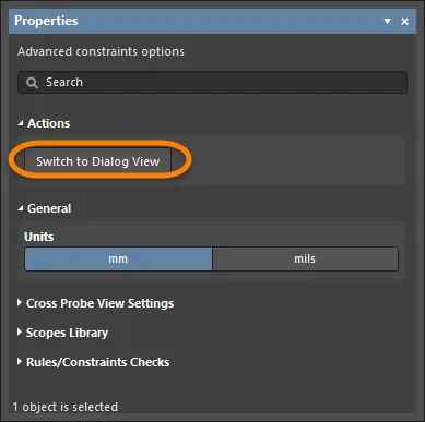 Switching back to the PCB Rules and Constraints Editor dialog from the Constraints Editor view.