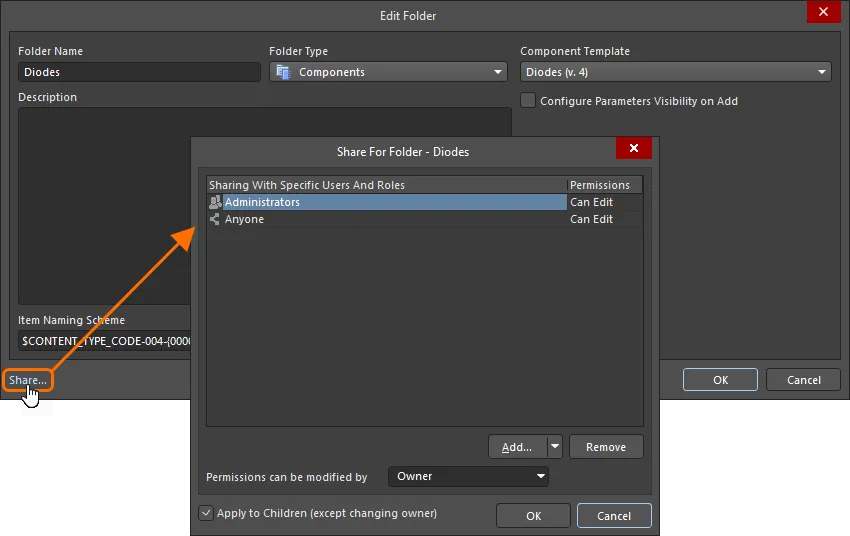 Accessing the controls for sharing a Workspace folder. Accessing the controls for sharing a Workspace folder.