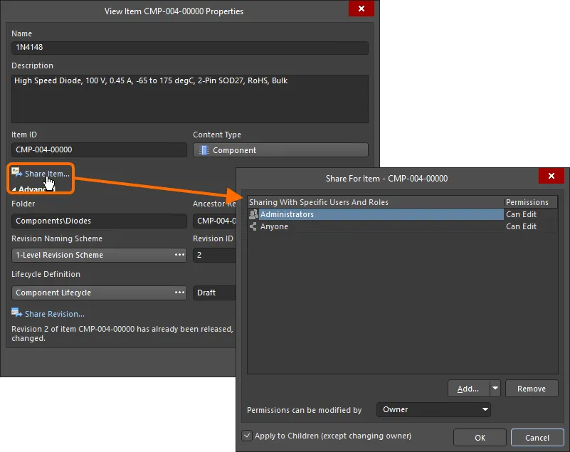 Access the Share For dialog, with which to control how the Item is shared with others. Access the Share For dialog, with which to control how the Item is shared with others.