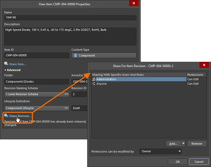 Access the Share For dialog, with which to control how the Item Revision is shared with others. Access the Share For dialog, with which to control how the Item Revision is shared with others.