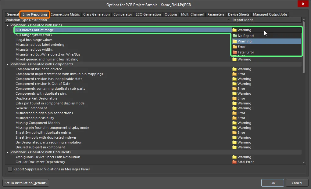 Configure the required error checks on the Error Reporting tab of the Project Options dialog. Click within the Report Mode cell of a violation to change it for this violation. Configure the required error checks on the Error Reporting tab of the Project Options dialog. Click within the Report Mode cell of a violation to change it for this violation.
