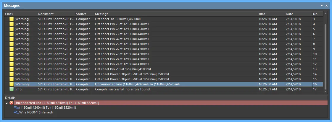 The Messages panel displays the warnings and errors detected in the project. The Messages panel displays the warnings and errors detected in the project.