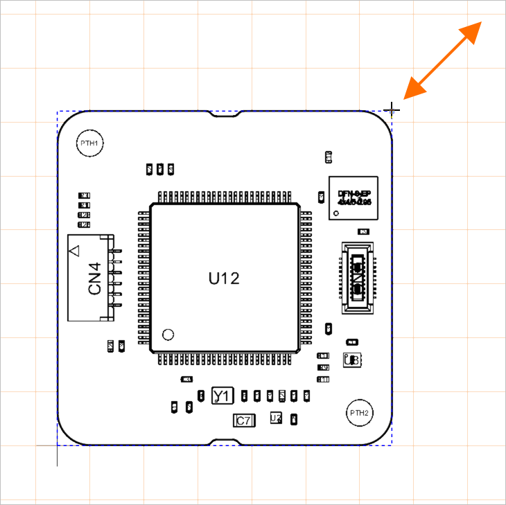An example editing handle for a selected board assembly view. Drag the handle to change the view's scale.