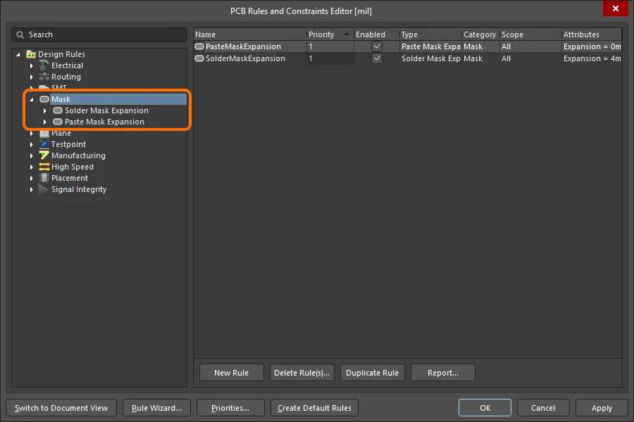 The Mask category of design rules. The Mask category of design rules.