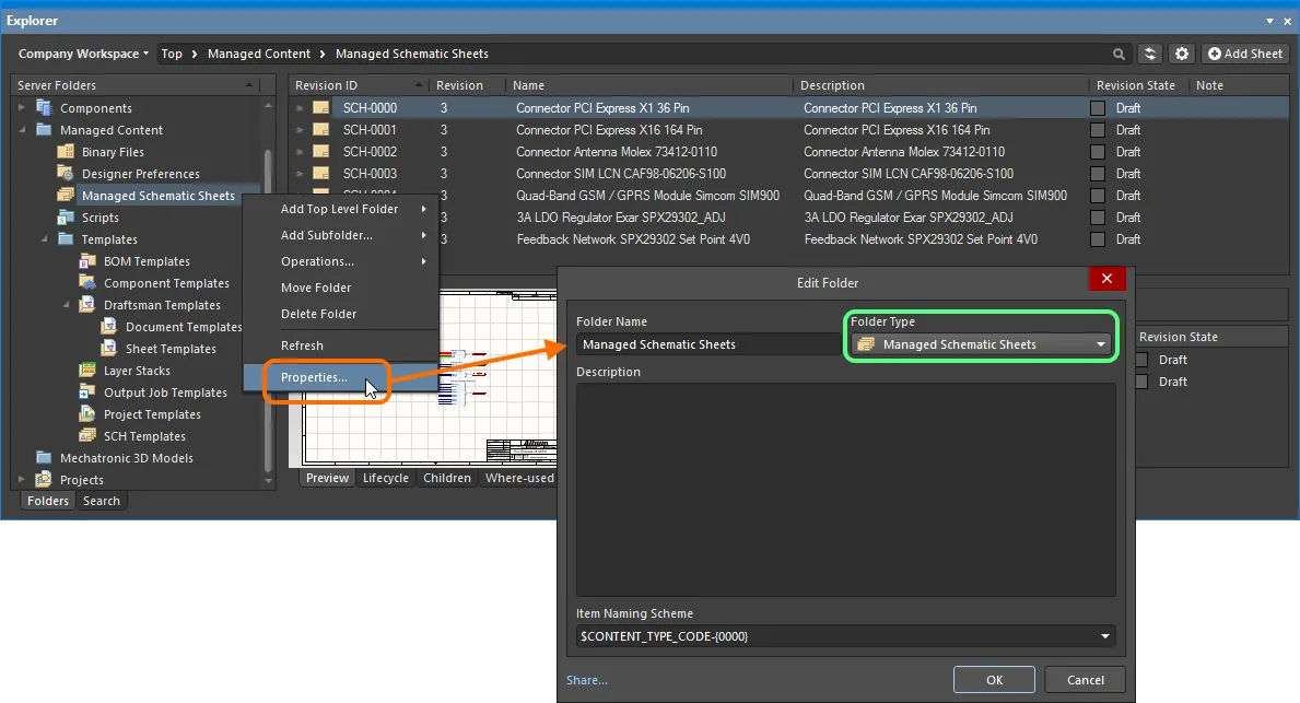 Specifying the folder type – its intended use – gives a visual indication of the content of that folder when browsing the Workspace.